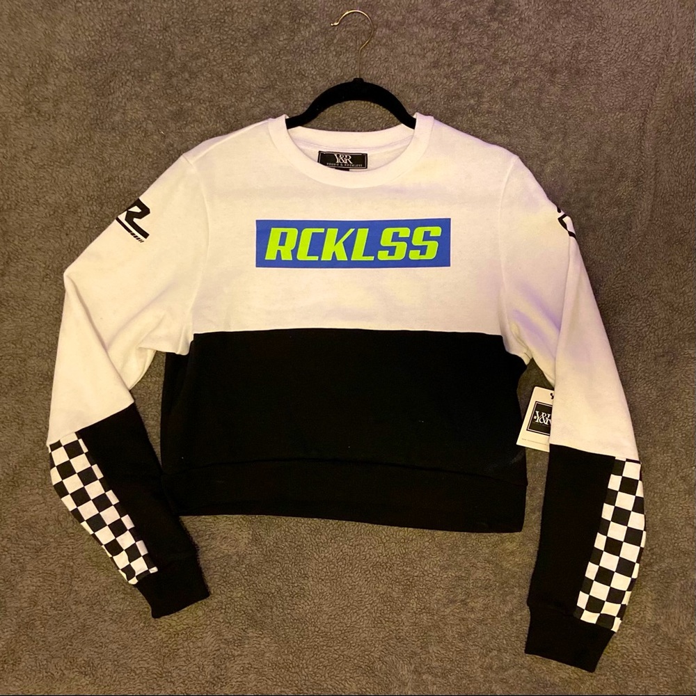 Young & Reckless Checker Flag Green & Blue Cropped Sweatshirt